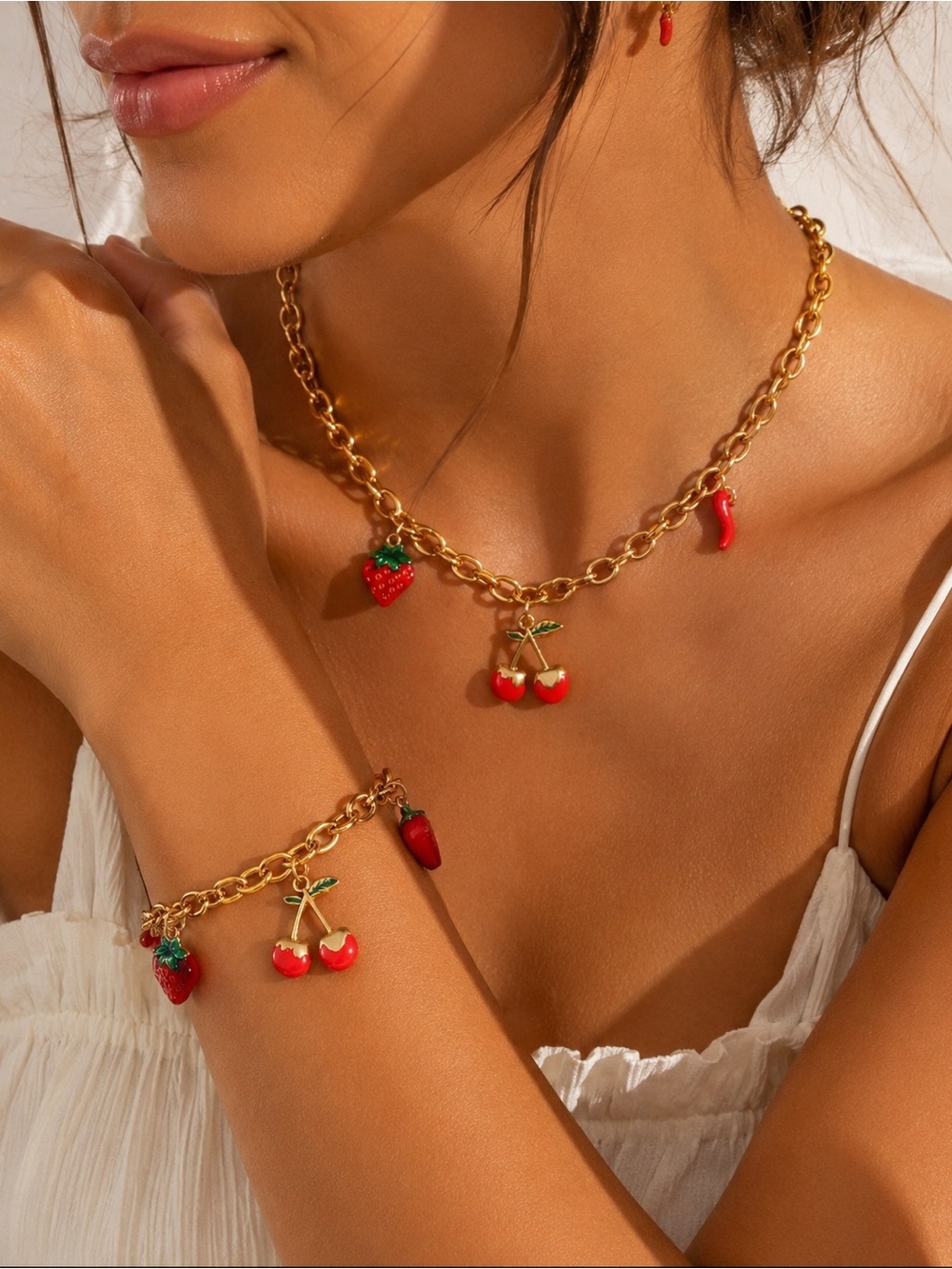 Gold Fruit Charm Necklace & Bracelet Set - Red Strawberry & Cherry